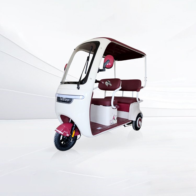 Xinghan No.2 electric passenger tricycle with roof canopy white burgundy 3‑wheel electric vehicle
