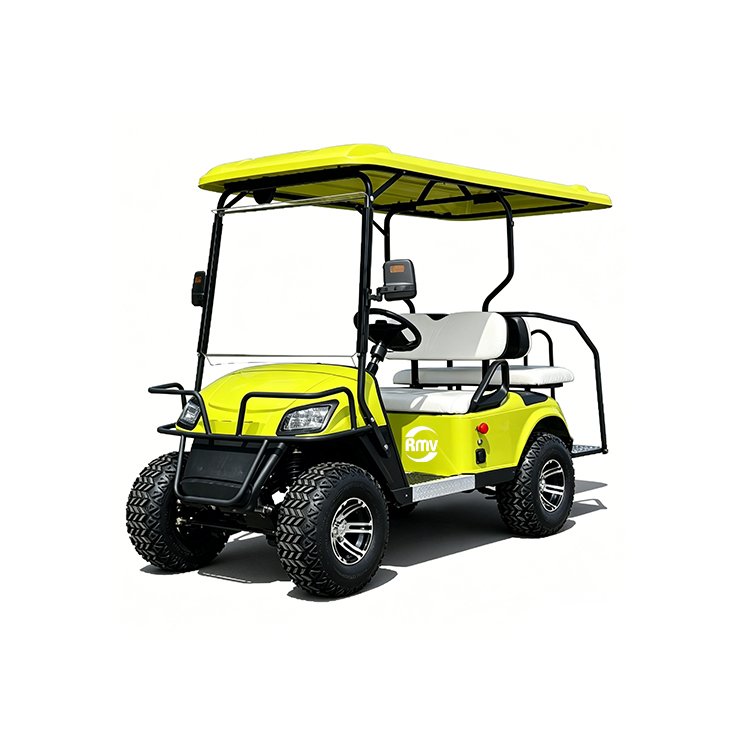 Bright yellow LK 4‑seater 2+2 off‑road electric golf cart with 10‑inch alloy wheels off‑road tires front bumper