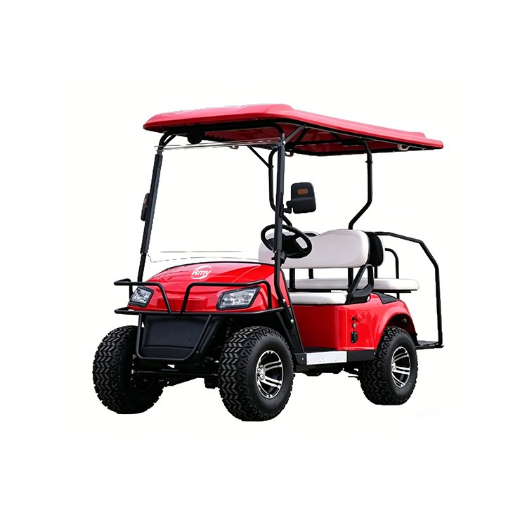 Bright red LK 4‑seater 2+2 off‑road electric golf cart with 10‑inch alloy wheels, off‑road tires and front bumper