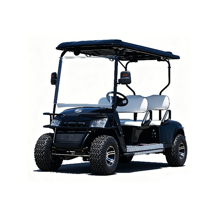 Black LK 4‑passenger forward‑facing off‑road electric golf cart with 10‑inch alloy wheels, off‑road tires and front bumper