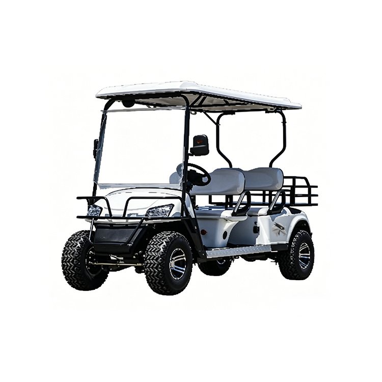 White LK 4‑passenger forward‑facing off‑road electric golf cart with rear cargo rack,10‑inch alloy wheels, off‑road tires and front bumper