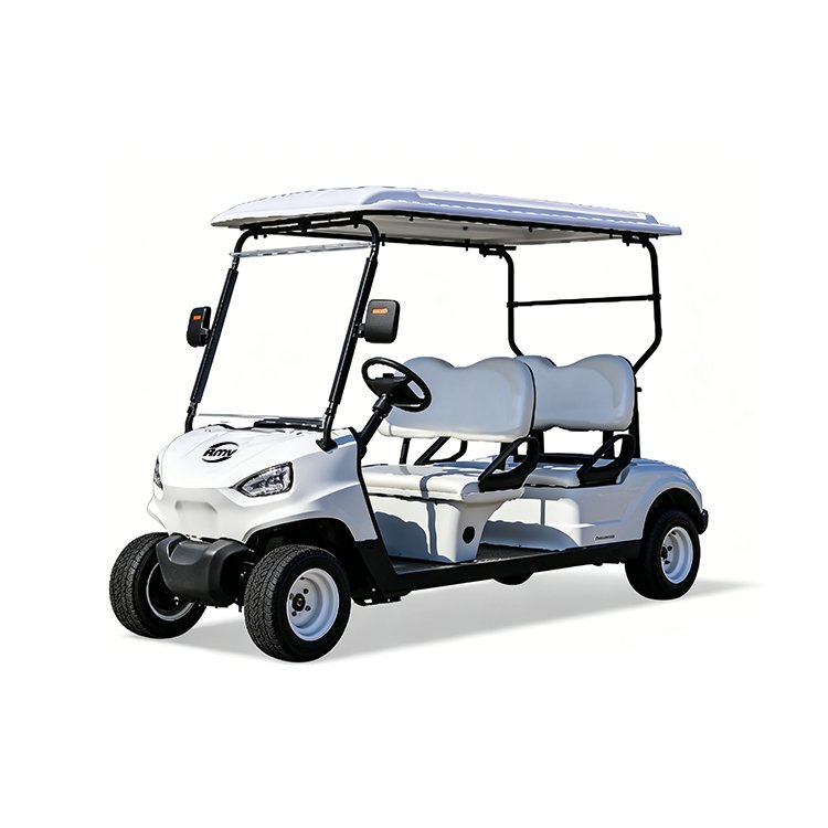White XK 4‑passenger forward‑facing electric golf cart with McPherson independent front suspension and semi‑floating rear axle