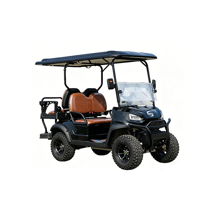 Black XK 4‑passenger 2+2 luxury off‑road electric golf cart with luxury seats, foldable windshield and 12‑inch alloy wheels