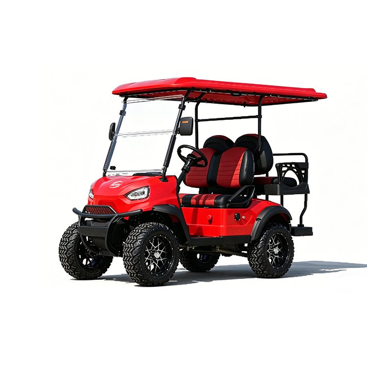Red XK 4‑passenger 2+2 off‑road electric golf cart with 14‑inch alloy wheels and luxury seats