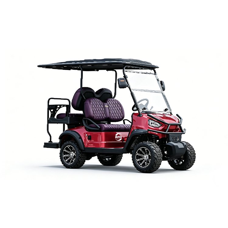 Wine‑red XK 4‑passenger 2+2 off‑road electric golf cart with quilted luxury seats and 14‑inch alloy wheels