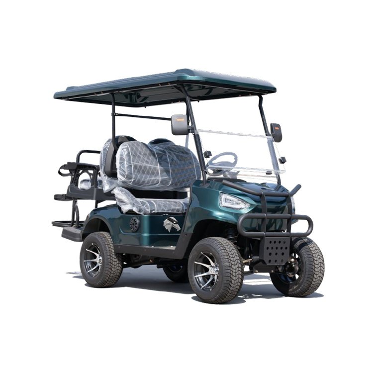 Dark‑green XK 4‑passenger 2+2 electric golf cart with turf tires,12‑inch alloy wheels and foldable windshield