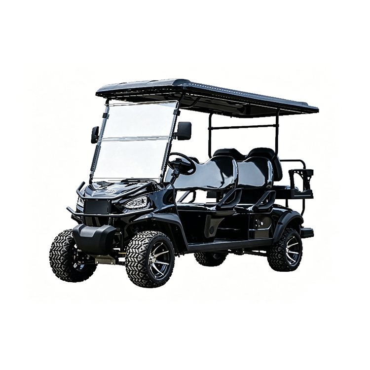 Black XK 6‑passenger 4+2 off‑road electric golf cart with 12‑inch alloy wheels and off‑road tires